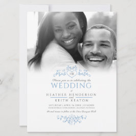 リーフラインアートハートモノグラム結婚ブルーの写真 招待状