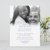 リーフラインアート ハート モノグラム 青 結婚式の写真 招待状 (スタンド正面)