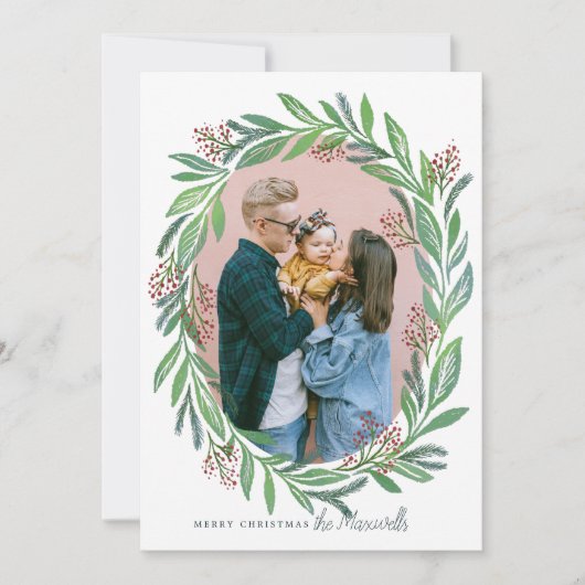 リーフ図解入りの、写真付きのクリスマスリースフォトフレーム 招待状 (正面)