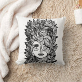 リーフ女性顔抽象芸術インクスケッチアート クッション (ブランケット)