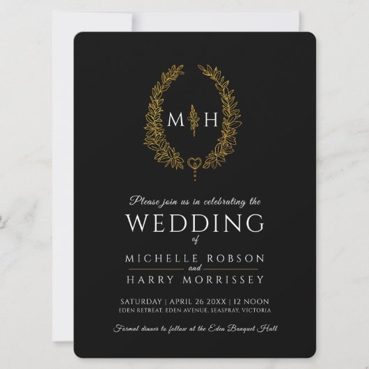 リーフ楕円の線結婚のアートの金ゴールド 招待状 (正面)