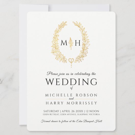 リーフ楕円の線結婚のアートの黒と白の金ゴールド 招待状 (正面)