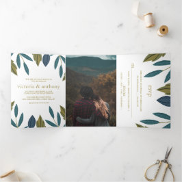 リーフ素朴フローラ結婚ズスイート 三つ折り招待状