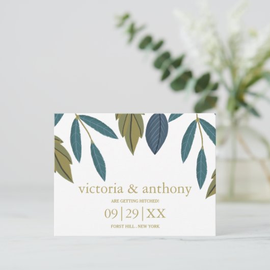 リーフ素朴フローラ結婚式の日付の保存 ポストカード (スタンド正面)