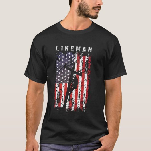 リーマンアメリカ国旗の電気ケーブルラインマン Tシャツ (正面)
