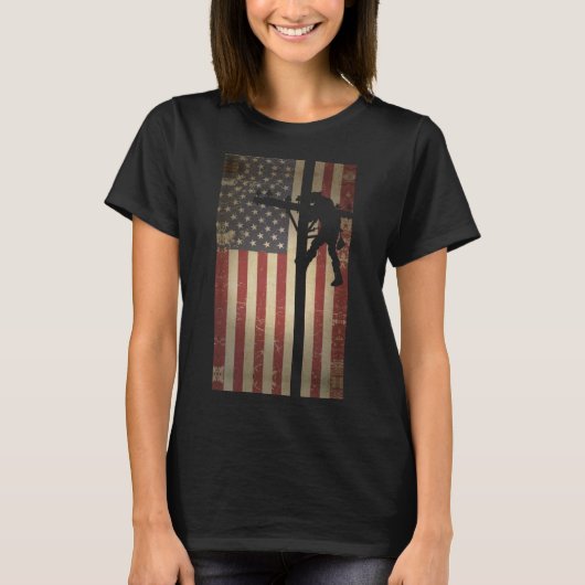 リーマンアメリカ国旗の電気ケーブルラインマン Tシャツ (正面)