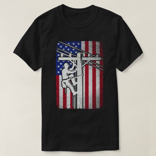 リーマンアメリカ国旗の電気ケーブルラインワーカー Tシャツ (デザイン正面)