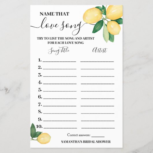 リーモンズネームズラブソングブライダルシャワーゲームカード チラシ (正面)