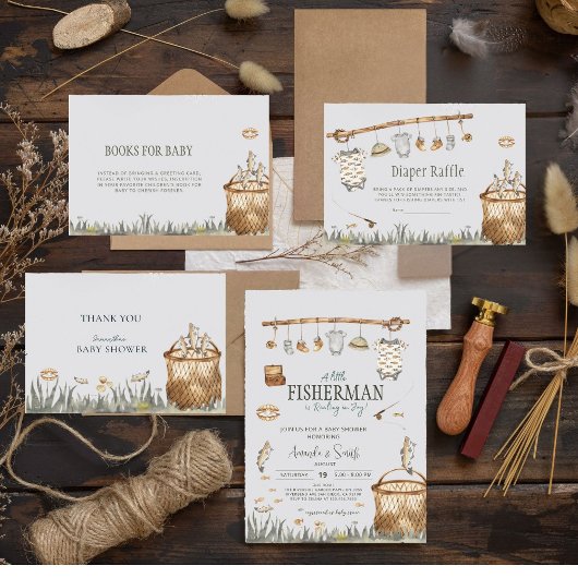 リールおもしろい魚釣り水彩赤ちゃんシャワー サンキューカード