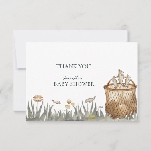 リールおもしろい魚釣り水彩赤ちゃんシャワー サンキューカード (正面)