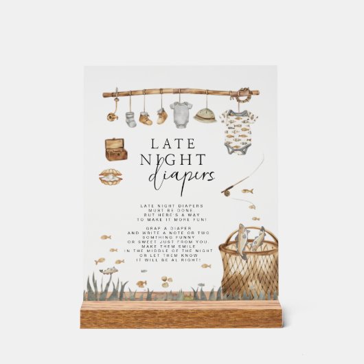 リールおもしろい魚釣り深夜おむつ素朴標識 アクリルサイン (正面)