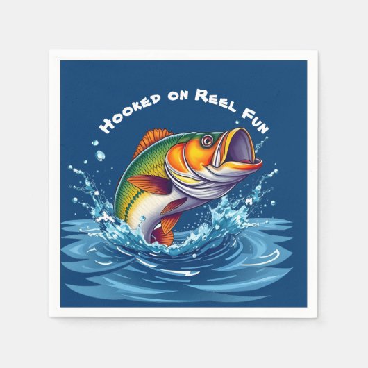 リールに引っ掛けられた魚おもしろい スタンダードカクテルナプキン (正面)