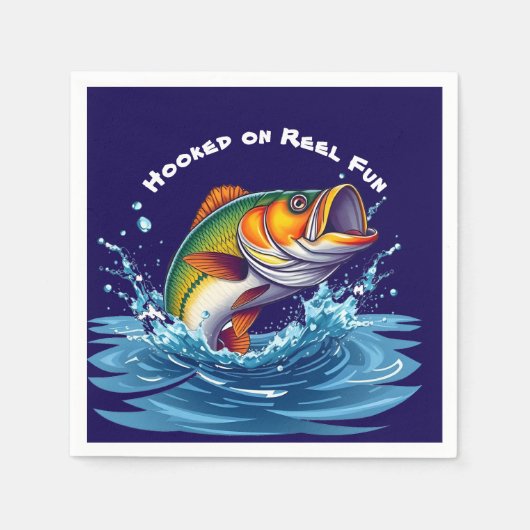 リールに引っ掛けられた魚おもしろい スタンダードカクテルナプキン (正面)