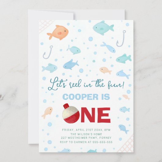リールのおもしろい魚釣り第1の誕生日 招待状 (正面)