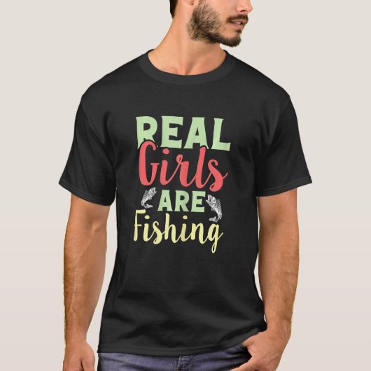 リールの女の子は魚釣り、釣り女おもしろい、フライFis Tシャツ (正面)
