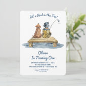 リールインおもしろい魚釣り少年1歳の誕生日 招待状 (スタンド正面)