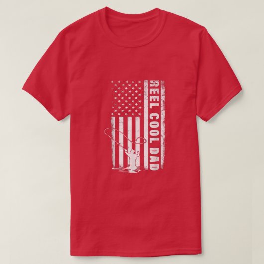 リールカッコいいパパフライ釣りパパ7月4日米国国旗 Tシャツ (デザイン正面)