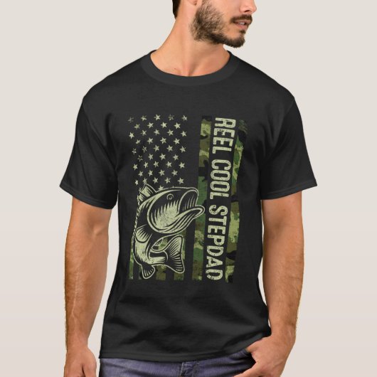 リールクールステプダカモフラージアメリカ国旗魚釣り Tシャツ (正面)