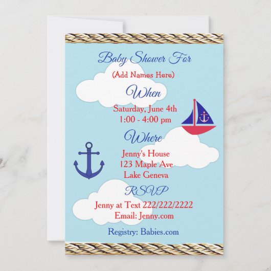 リールセーラーボーイ赤ちゃんシャワー 招待状 (裏面)