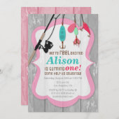 リール励起ピンクガール魚釣り誕生日招待状 招待状 (正面/裏面)