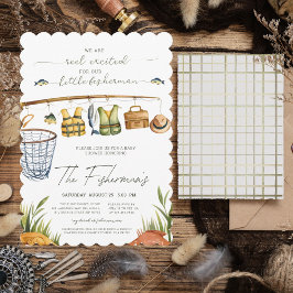 リール励起水彩魚釣りベビーシャワー 招待状