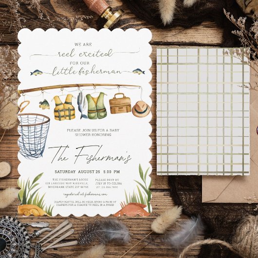 リール励起水彩魚釣りベビーシャワー 招待状