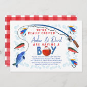 リール励起魚釣りをテーマにしたベビーシャワー 招待状 (正面/裏面)