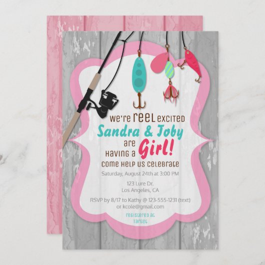 リール励起魚釣りピンクベビーシャワー招待状 招待状 (正面/裏面)