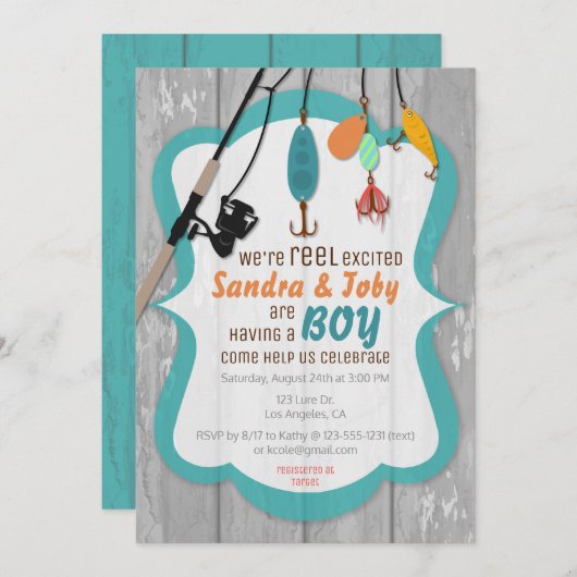 リール励起魚釣りベビーシャワー招待状 招待状 (正面/裏面)