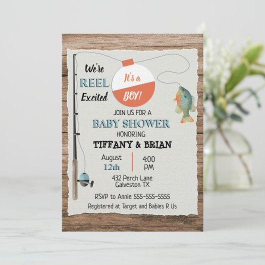 リール励起魚釣りボーイベビーシャワー招待状 招待状 (スタンド正面)