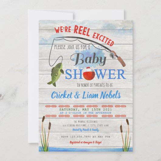 リール励起魚釣り男の赤ちゃんシャワー招待状 招待状 (正面)