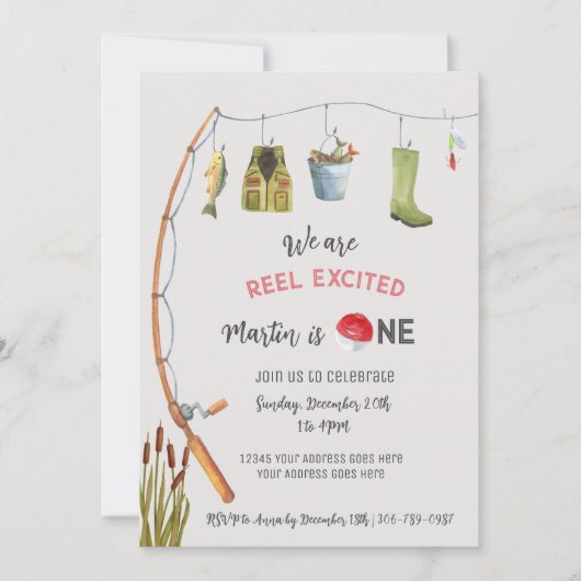 リール励起魚釣り第1の誕生日招待状 招待状 (正面)
