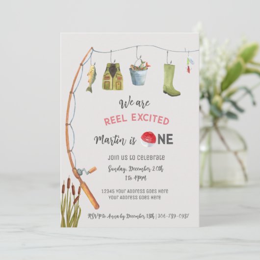 リール励起魚釣り第1の誕生日招待状 招待状 (スタンド正面)