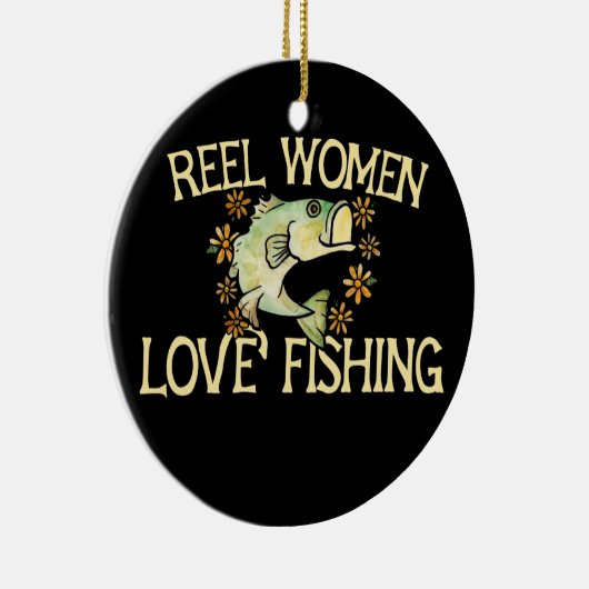 リール女性愛魚釣りおもしろいアングラー女性デザイン セラミックオーナメント (右)