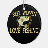 リール女性愛魚釣りおもしろいアングラー女性デザイン セラミックオーナメント (左)