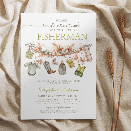 リール素朴魚釣りベビーシャワー 招待状