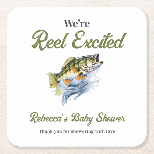 リール興奮の大きな魚の漁師の赤ちゃんシャワー スクエアペーパーコースター (正面)