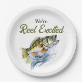 リール興奮の大きな魚の漁師の赤ちゃんシャワー ペーパープレート (正面)