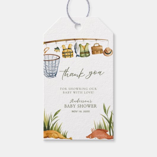 リール興奮の小さな漁師の赤ちゃんシャワー ギフトタグ (正面)