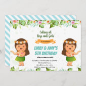 ルアウの女の子たちまたは双子の合同誕生日パーティー 招待状 (正面/裏面)