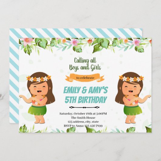 ルアウの女の子たちまたは双子の合同誕生日パーティー 招待状 (正面/裏面)