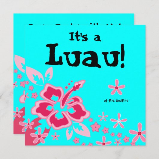 ルアウパーティー招待 ハイビスカス 花 ピンク 青 招待状 (正面/裏面)