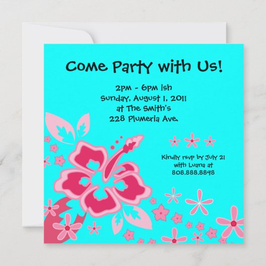 ルアウパーティー招待 ハイビスカス 花 ピンク 青 招待状 (裏面)