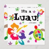 ルアウパーティー ハイビスカスの花 カメ カラフル 招待状 (正面/裏面)