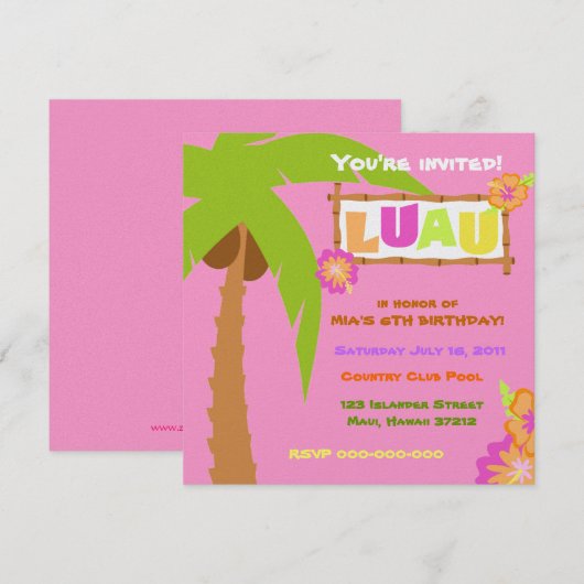 ルアウ招待ピンク 招待状 (正面/裏面)