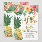 ルアウ誕生日パーティー、トロピカルな誕生日パーティー、アロハ 招待状 (正面/裏面)