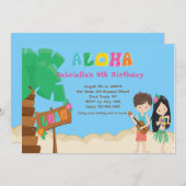 ルアウ(ハワイ式宴会)と子供とヤシの木の誕生日招待状 招待状 (正面/裏面)