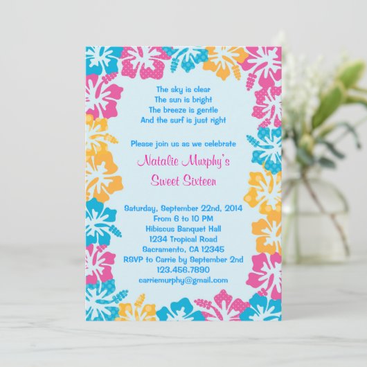 ルアウ（ハワイ式宴会）のハイビスカスのSweet sixteen (16)の招待状 招待状 (スタンド正面)