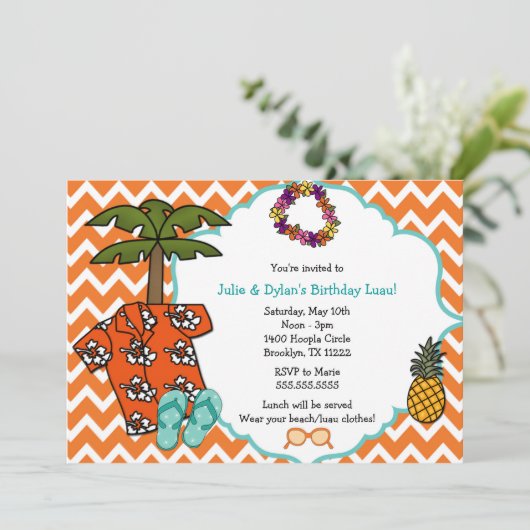 ルアウ（ハワイ式宴会）のハワイの誕生会の招待のニュートラルの性 招待状 (スタンド正面)