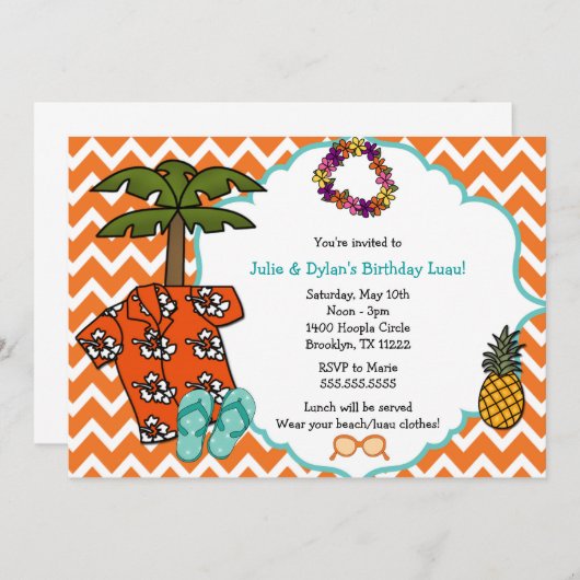 ルアウ（ハワイ式宴会）のハワイの誕生会の招待のニュートラルの性 招待状 (正面/裏面)